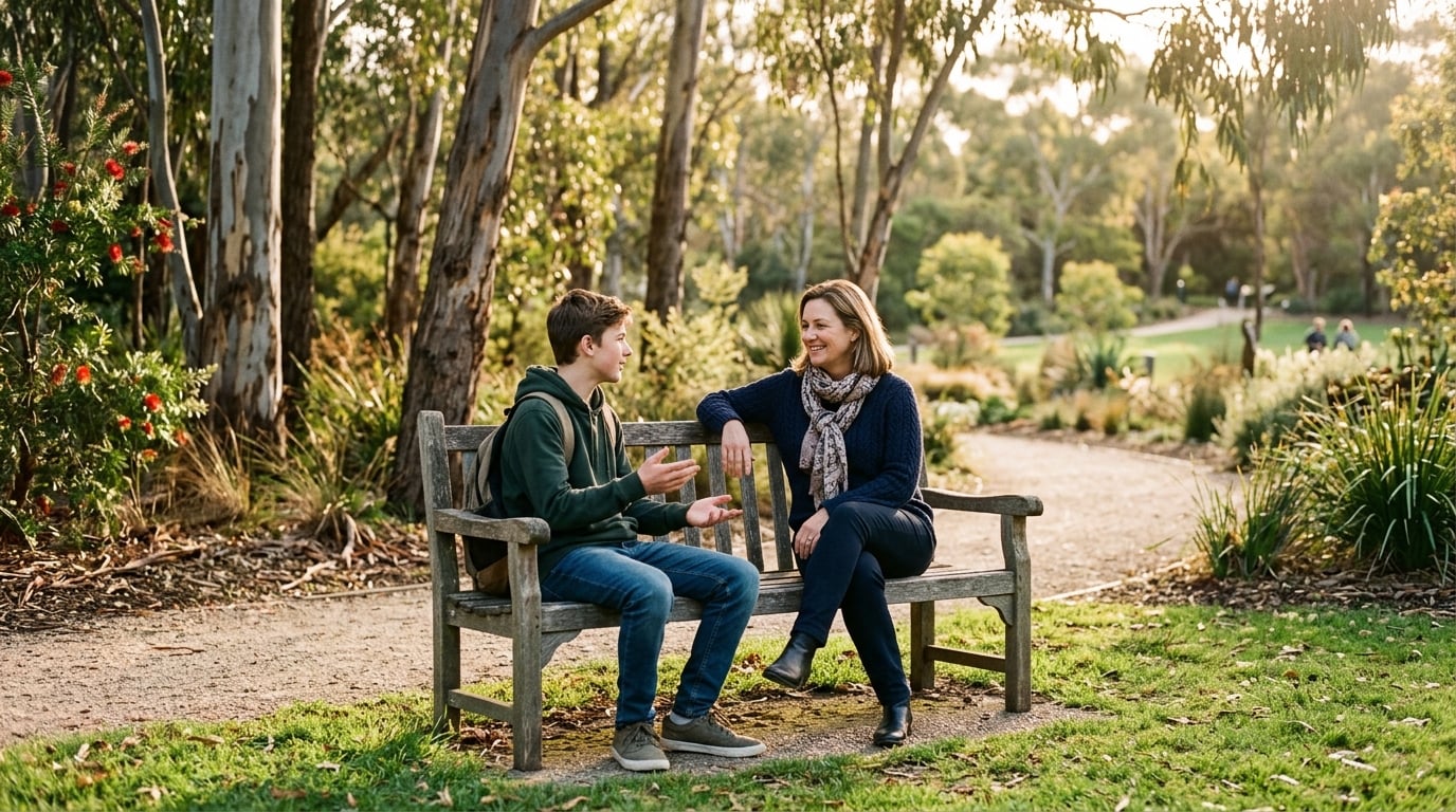A supportive adult and young person having an encouraging conversation outdoors in a park setting