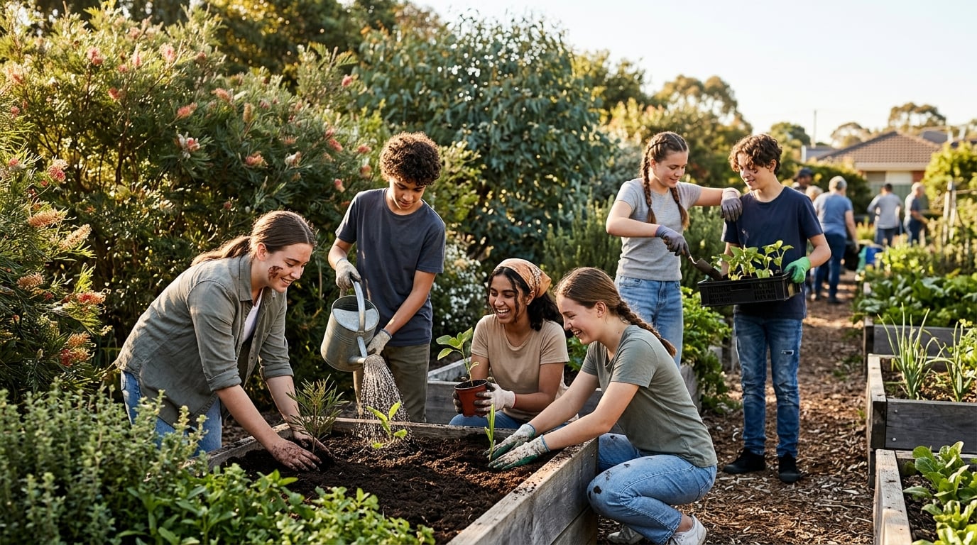 Young people collaborating in a community garden, planting together in bright sunshine