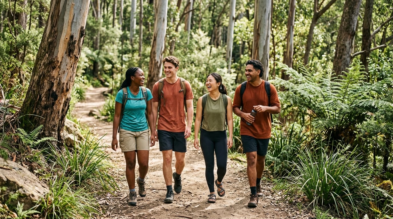 Diverse group of young people enjoying bush walking together through Australian native forest
