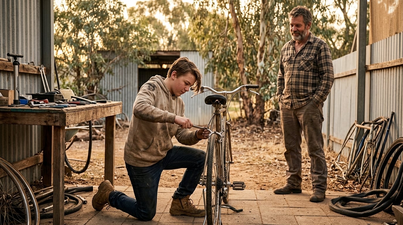 A young person engaged in bicycle repair with a supportive mentor nearby