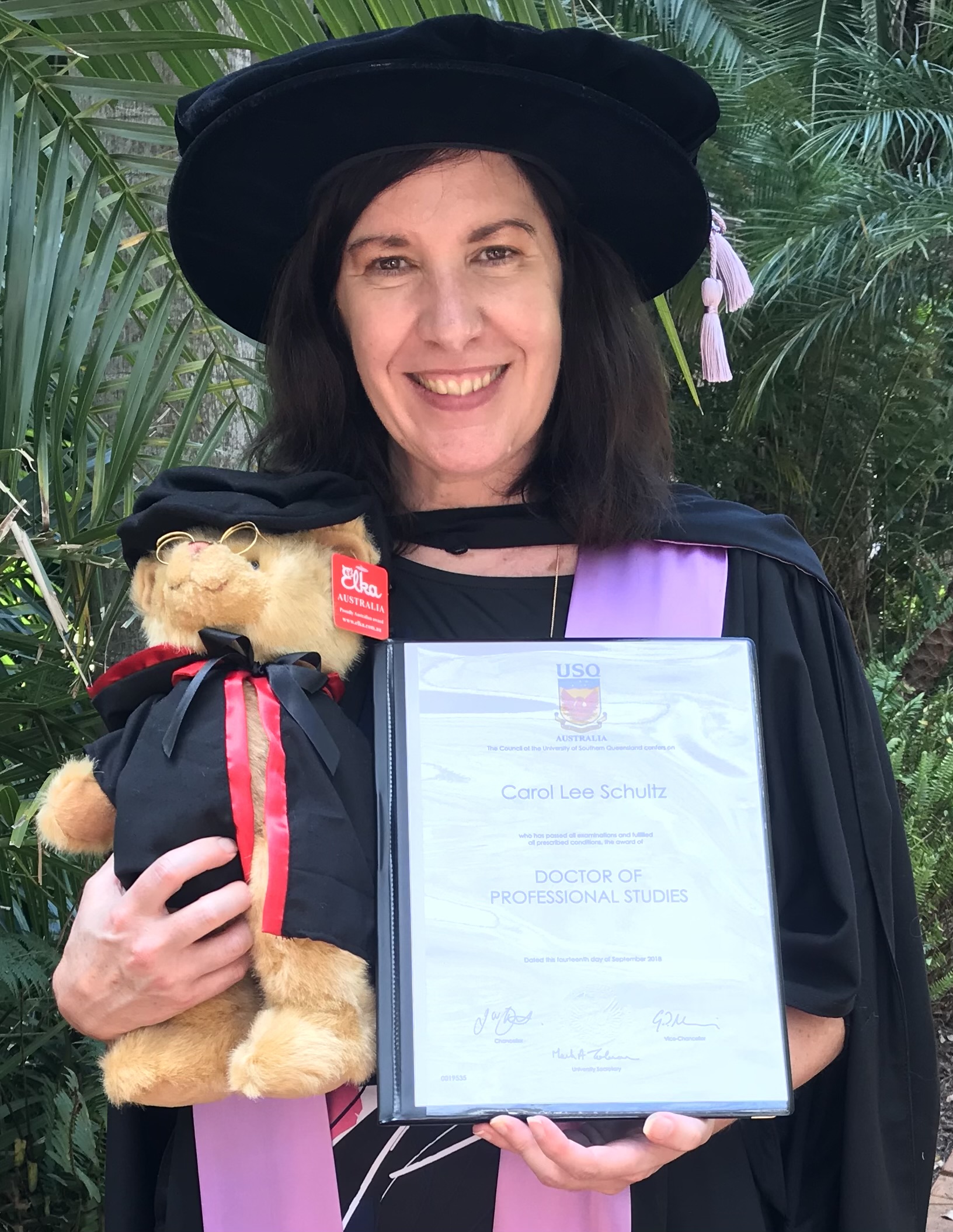 Dr Carol Schultz at her doctoral graduation, University of Southern Queensland. Doctor of Professional Studies.